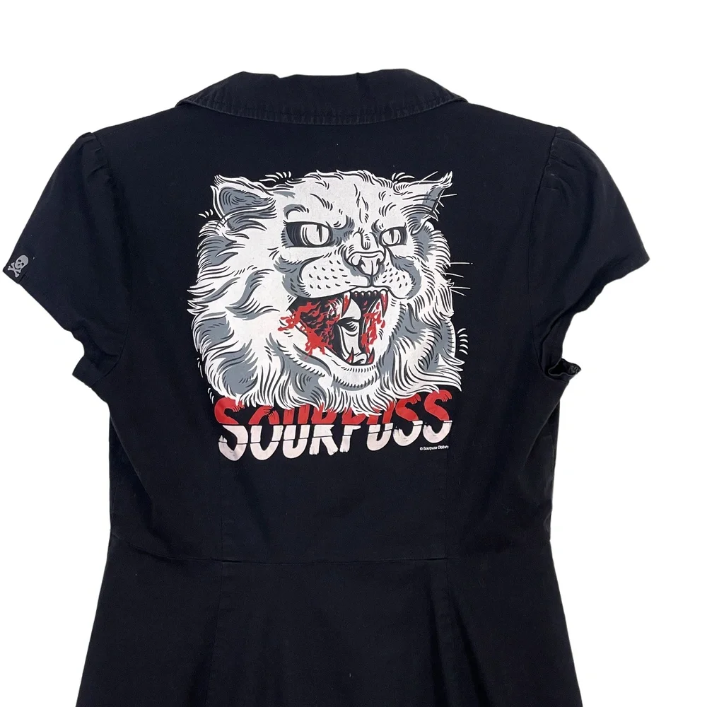 Sourpuss Clothing Y2K Black Cat Cap Sleeve Collared Zip Up Shirt Dress Large - Picture 5 of 12